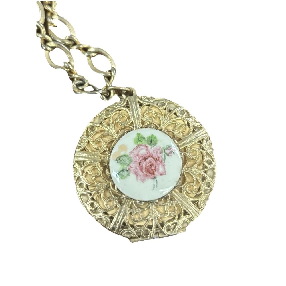 Vintage Gold Tone Round Filigree Photo Locket Necklace Hand Painted Pink Rose